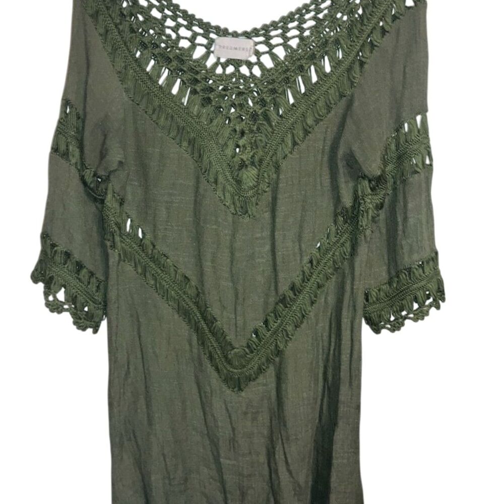 Women's M Green Crochet Beach Cover-Up Blouse V-Neck 3/4 Sleeve Standard